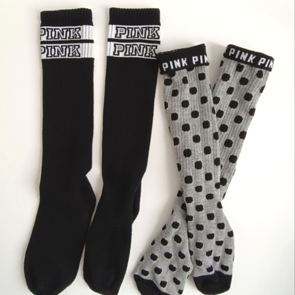 VS PINK Y2K Knee High Socks 2 Pairs Gray Black Polka Dot + Logo Stripe Vintage